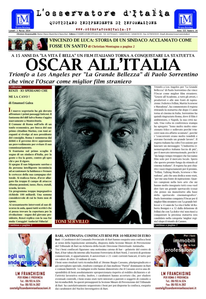 L'osservatore d'Italia edizione del 3 Marzo 2014